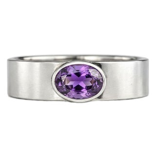 Bezel Set Oval Amethyst Wide Matte Band Silver, Gold, Size 10 For Sale