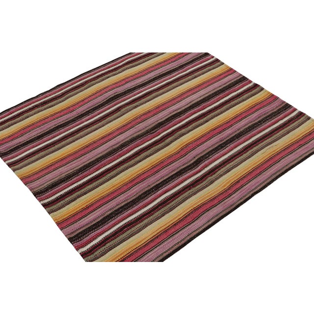 This vintage 6x6 Persian kilim is handwoven in wool, and originates circa 1950-1960. On the Design: This design remarks...