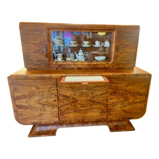 German Art Deco Sculptural Burl Walnut Credenza with Vitrine and Marble Serving Slide, 1932 For Sale