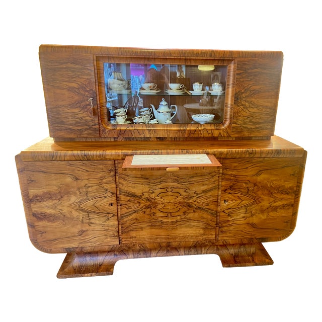 German Art Deco Sculptural Burl Walnut Credenza with Vitrine and Marble Serving Slide, 1932 For Sale