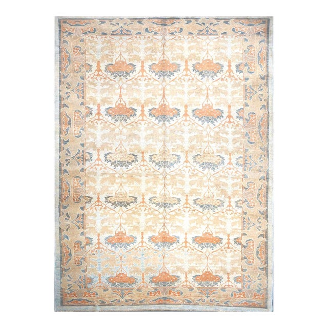 21st Century Turkish Donegal Wool & Hemp 9X13 Ivory, Light Blue & Orange Handmade Area Rug #1140032 For Sale