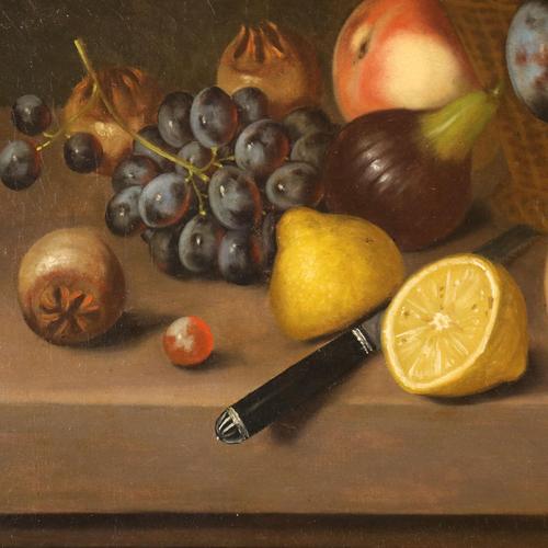 Still Life with Fruit, Knife and Butterfly, 1800s, Oil on Canvas, Framed For Sale - Image 7 of 12