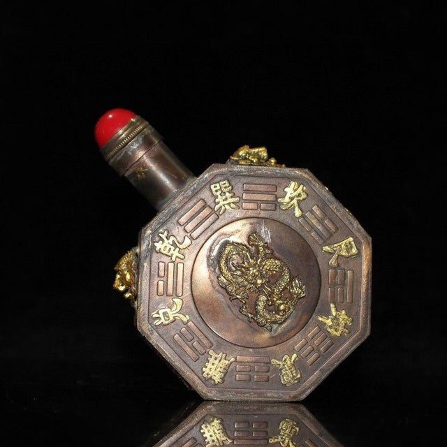 Metal Vintage Chinese Bronze Octagonal Snuff Bottle With Bagua & Gilt Deity For Sale - Image 7 of 9