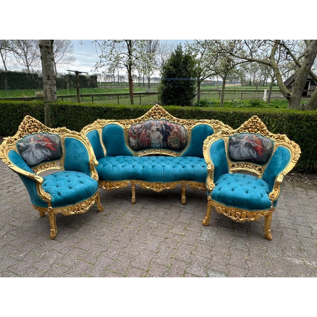 Wood 1900 French Artisan Louis XVI Blue Velvet Sofa Set-3 Pc For Sale - Image 7 of 15