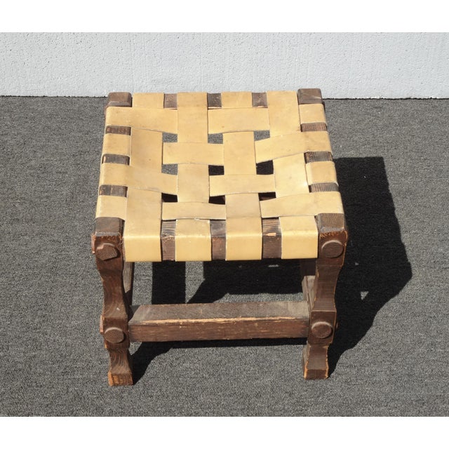 Vintage Rustic Spanish Style Stool Bench With Leather Straps For Sale - Image 4 of 12