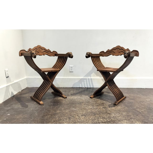 Pair of Italian Mid Century Savonarola Lion Head Wood Folding Chairs For Sale - Image 11 of 11