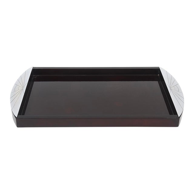 Vintage Oggetti Lacquered Mahogany Rectangular Tray With Art Deco Silver Chromed Handles For Sale
