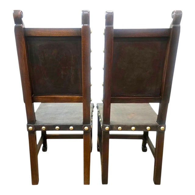 Spanish Set of 6 Authentic Hand-Carved Peruvian Leather Dining Chairs With Sol De Oro Coin Details For Sale - Image 3 of 6