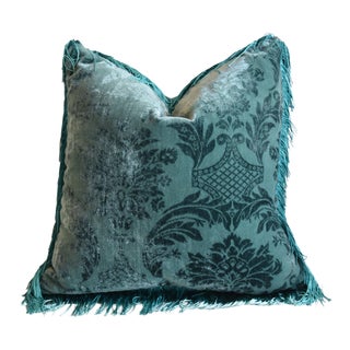 Turquoise French Velvet Feather/Down Pillow W/ Fringe 19" Square For Sale
