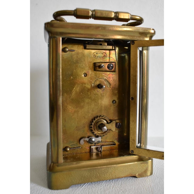 Brass Brass Corniche Carriage Clock Antique French Beveled Glass Mechanical For Sale - Image 8 of 15