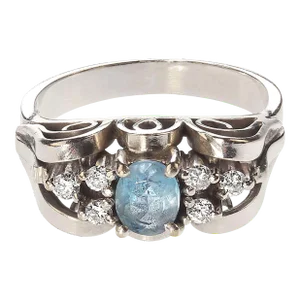 Late 20th Century Brazilian Aquamarine Accented With 6 Diamonds in White Gold Ring Size 3.75
