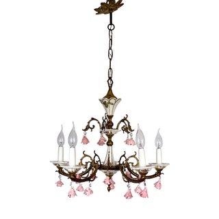Brass and Porcelain 5-Light Chandelier by Peris Andreu, 1940s For Sale