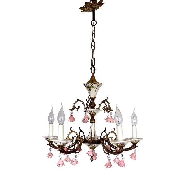 Brass and Porcelain 5-Light Chandelier by Peris Andreu, 1940s For Sale
