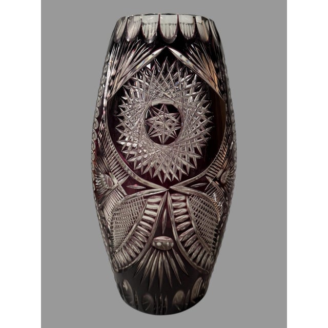 Victorian Mid 20th Century Dresden Amethyst Cut to Clear Art Glass Vase With Landscape Hunting Scene For Sale - Image 3 of 11