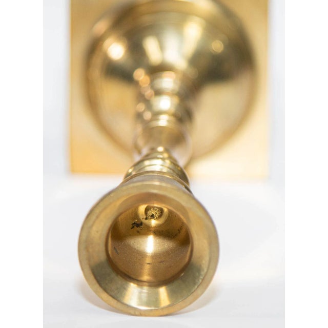 Brass Pair of Georgian Polished Brass Candlesticks With Square Base For Sale - Image 8 of 11