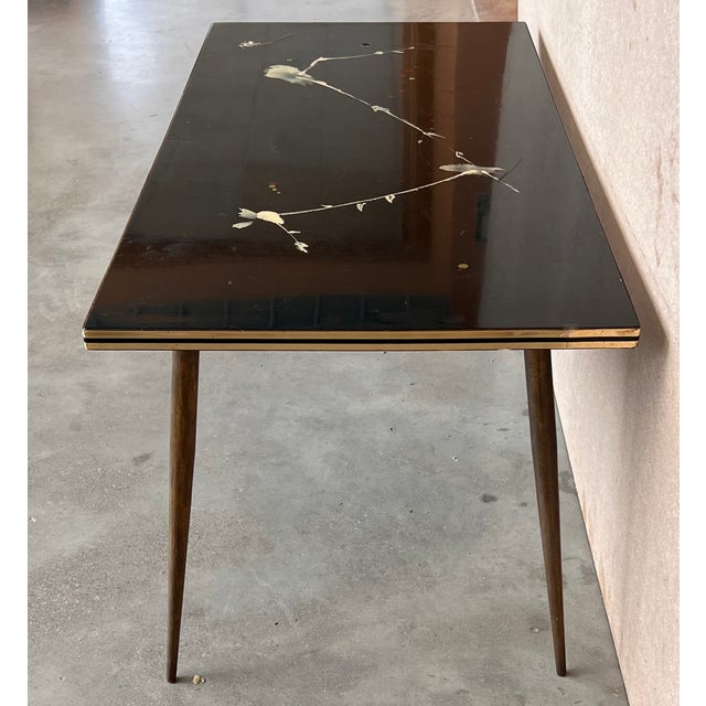 Metal Italian Mid-Century Modern Black & Gold Coffee Table With Abstract Painting Top For Sale - Image 7 of 10