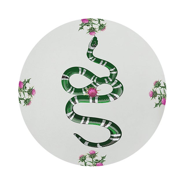 2020s Thistle And Snake Pink White Vegan Leather Round Pebble Placemat, Set of 4 For Sale - Image 5 of 5