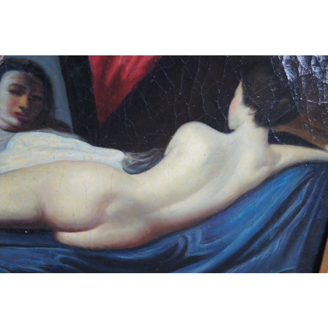 Blue Vintage Baroque Style Reclining Female Nude Oil Painting Divan Cherub Framed 38" For Sale - Image 8 of 12