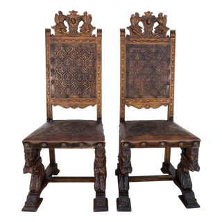French Revival Side Chairs, Leather & Walnut, Carved Knights, 1900 Set of 2 For Sale