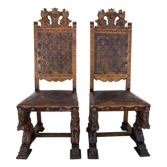 French Revival Side Chairs, Leather & Walnut, Carved Knights, 1900 Set of 2 For Sale