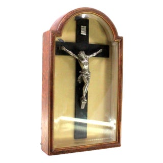 Silver Crucifix with Wooden and Glass Case For Sale