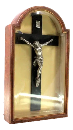 Silver Crucifix with Wooden and Glass Case