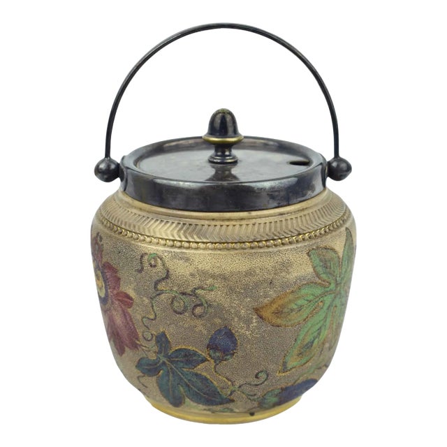 Antique Hand Painted Floral Porcelain With Silver Plated Lid and Handle Sugar Jar For Sale
