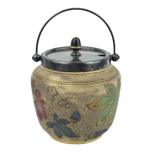 Antique Hand Painted Floral Porcelain With Silver Plated Lid and Handle Sugar Jar