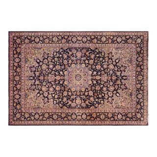 1960s 9x13 Hand-Knotted Oriental Rug Navy Field Ivory Accent For Sale