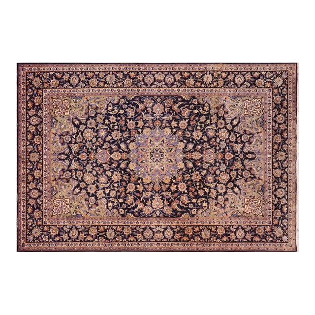 1960s 9x13 Hand-Knotted Oriental Rug Navy Field Ivory Accent For Sale