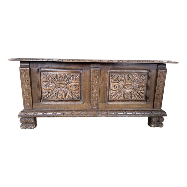 17th-Century Swiss, Renaissance Carved Oak Blanket Chest Replica From 1930s Strapwork Panels, Gadrooned Base, Lion Paw Feet For Sale