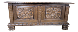 17th-Century Swiss, Renaissance Carved Oak Blanket Chest Replica From 1930s Strapwork Panels, Gadrooned Base, Lion Paw Feet