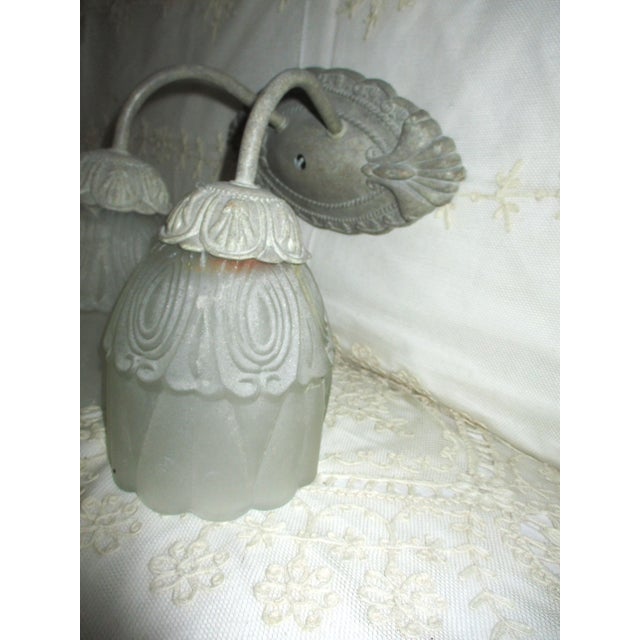 Art Nouveau Vintage Ornate Art Nouveau Silver Metal Two Light Embossed Globes / Shades Wall Sconce For Sale - Image 3 of 6