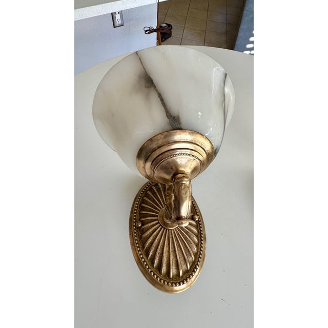 Pair Brass Alabaster Sunburst Wall Sconces For Sale - Image 11 of 18
