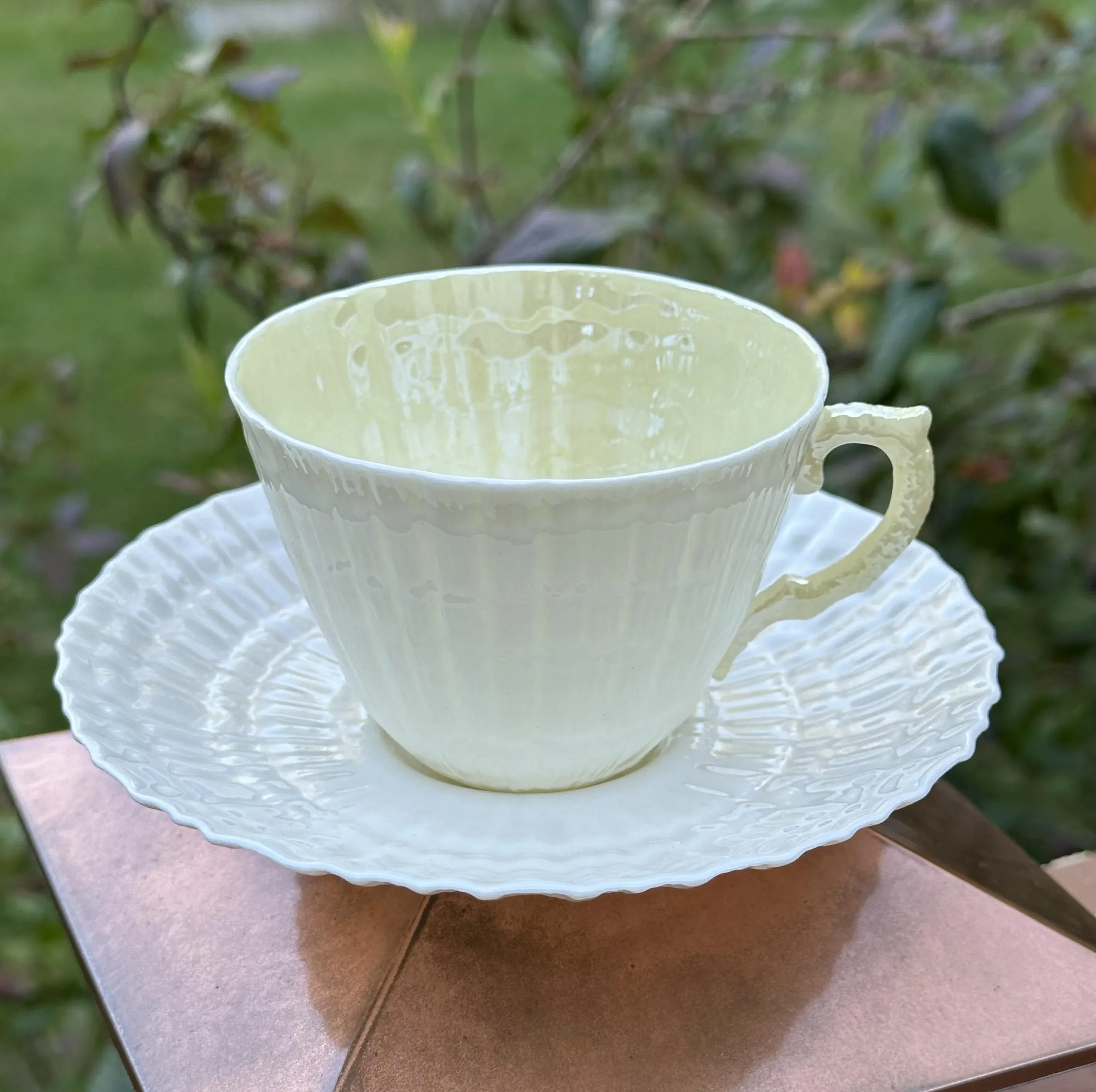 1950s Belleek Cup and Saucer, Limpet Yellow Shell Pattern Fine