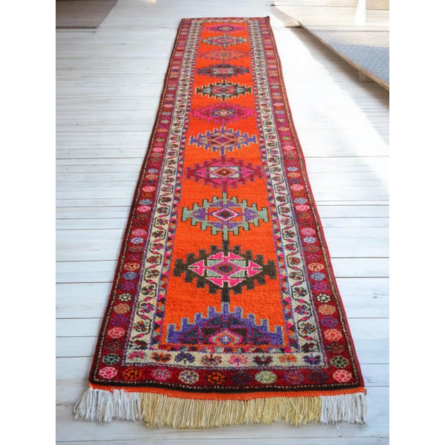 Shimmery Turkish Runner Rug. Hand-Knotted Tribal Extra Long Halway Rug Kitchen Decor - 2′9 × 13′8″ For Sale - Image 4 of 16