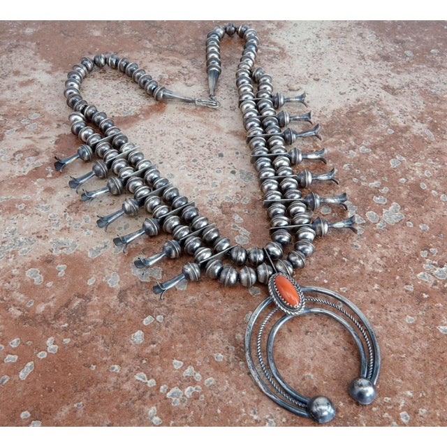 Native American Phil Garcia Navajo Sterling and Coral Squash Blossom Necklace For Sale - Image 3 of 7