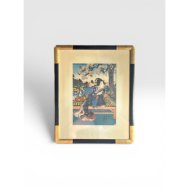 Japanese Woodblock Utagawa Kunisada Framed Wood Gold Gilt Antique Bijin Cherry Blossom Floral Kimono Sake For Sale - Image 10 of 17