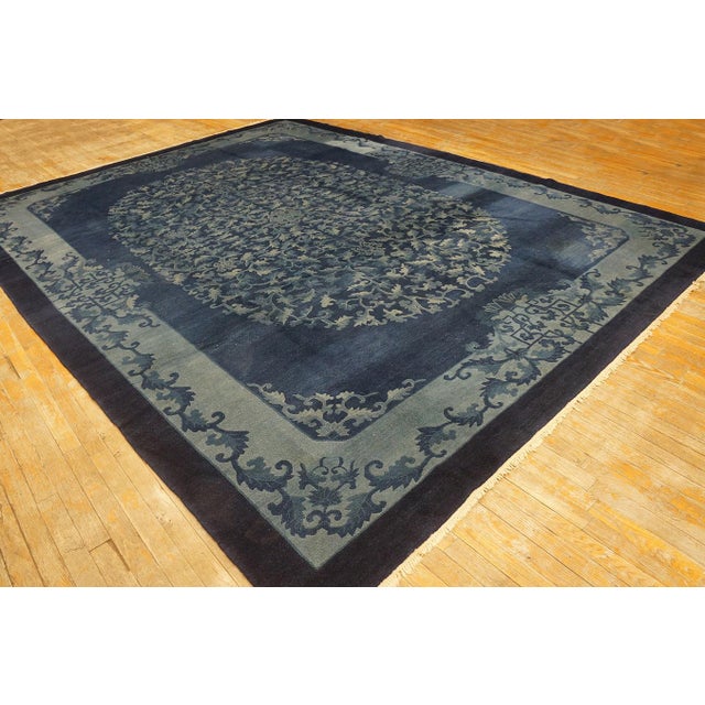 1920s Deco Blue Field and Elegant Floral-Medallion Antique Chinese Peking Rug For Sale In New York - Image 6 of 11