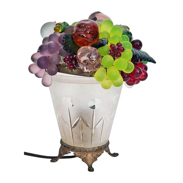 1920s Vintage Czechoslovakia Frosted Glass Fruit Basket Table Lamp For Sale - Image 5 of 5