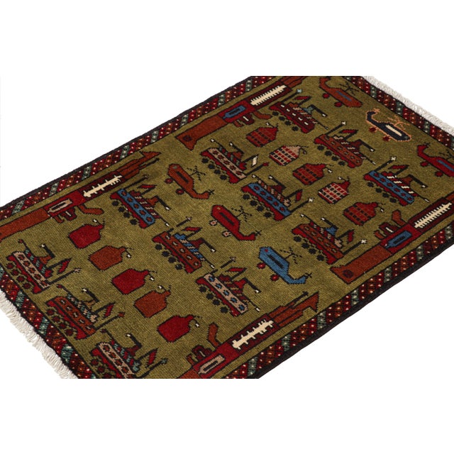 Rug & Kilim Rug & Kilim’s Modern Tribal Rug in Green With Helicopters and Tank Pictorials For Sale - Image 4 of 7