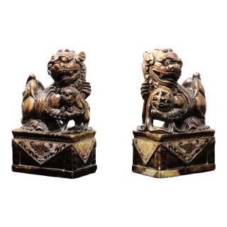 Mid 20th Century Carved Soapstone Sculptures Chocolate Colored Foo Dogs - Pair For Sale