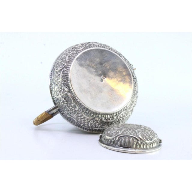 Metal Rounded Silver Sugar Bowl with Reliefs, Monogram Card and Coated Handles For Sale - Image 7 of 8