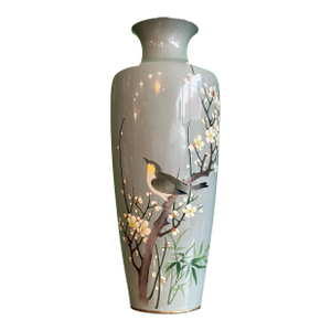 Ando Japanese Cloisonne Enamel Vase Bird Plum Blossoms Bamboo Silver Gray Ground