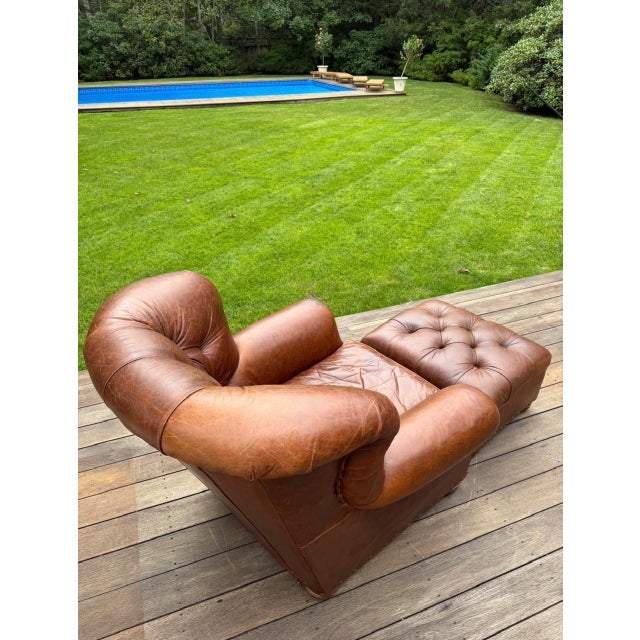 Cigar Leather Restoration Hardware Chair & Coordinating Ottoman, a Pair For Sale - Image 16 of 18