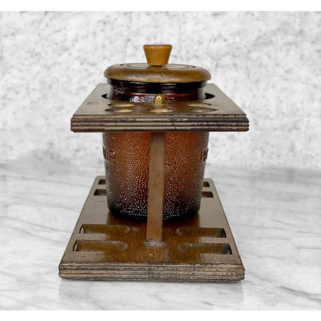 Vintage Traditional Walnut Estate Pipe Display Stand W/ Amber Glass