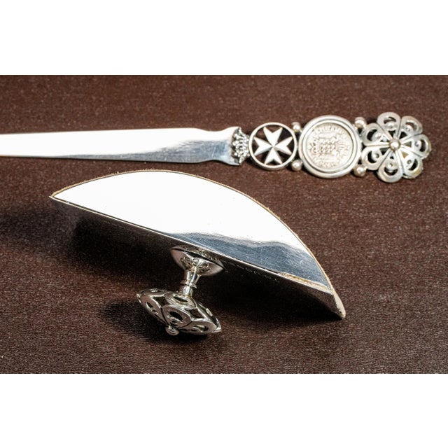 Unique Maltese Silver Desk Set Inset Antique Malta Tari Coin Letter Opener and Ink Blotter For Sale - Image 12 of 18