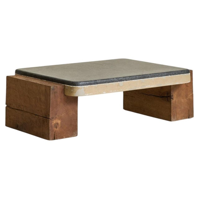 Belgian Slate + Wood Coffee Table, 1970s For Sale