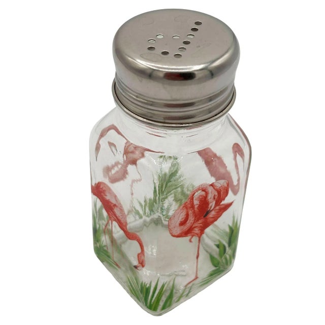 Glass 1990s Hand Painted Pink Flamingo Glass Salt & Pepper Shakers by Michel Design Works For Sale - Image 7 of 8