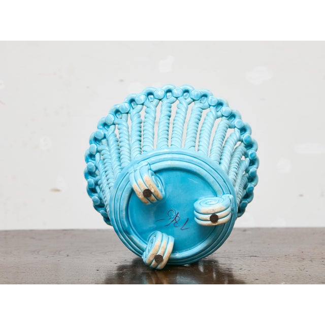 Mid-Century Modern Turquoise Woven Porcelain Cachepot on Scroll Feet, Spain Midcentury For Sale - Image 3 of 7